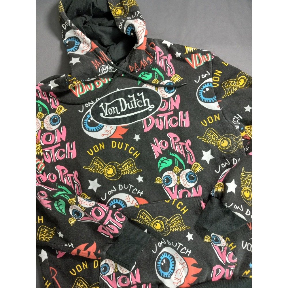 Von Dutch Flying Eyeball All Over Print Hoodie Black Large Y2K Streetwear
